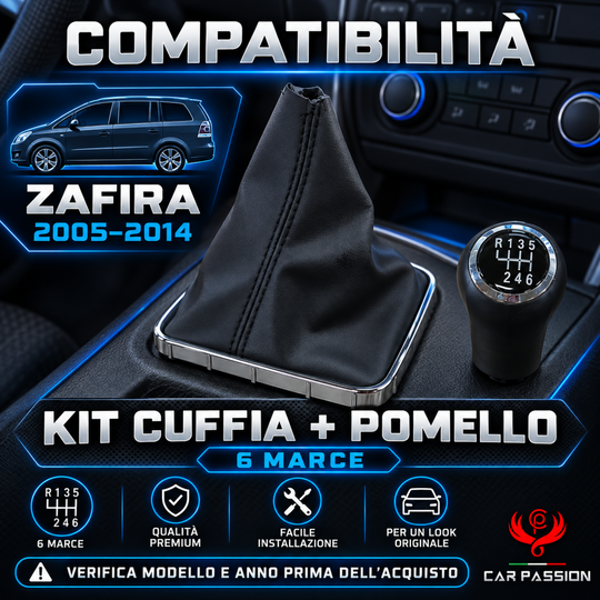 Cuffia Cambio + Pomello per Opel Zafira B 2005-2014 6 marce con Ghiera Cromata e Agganci