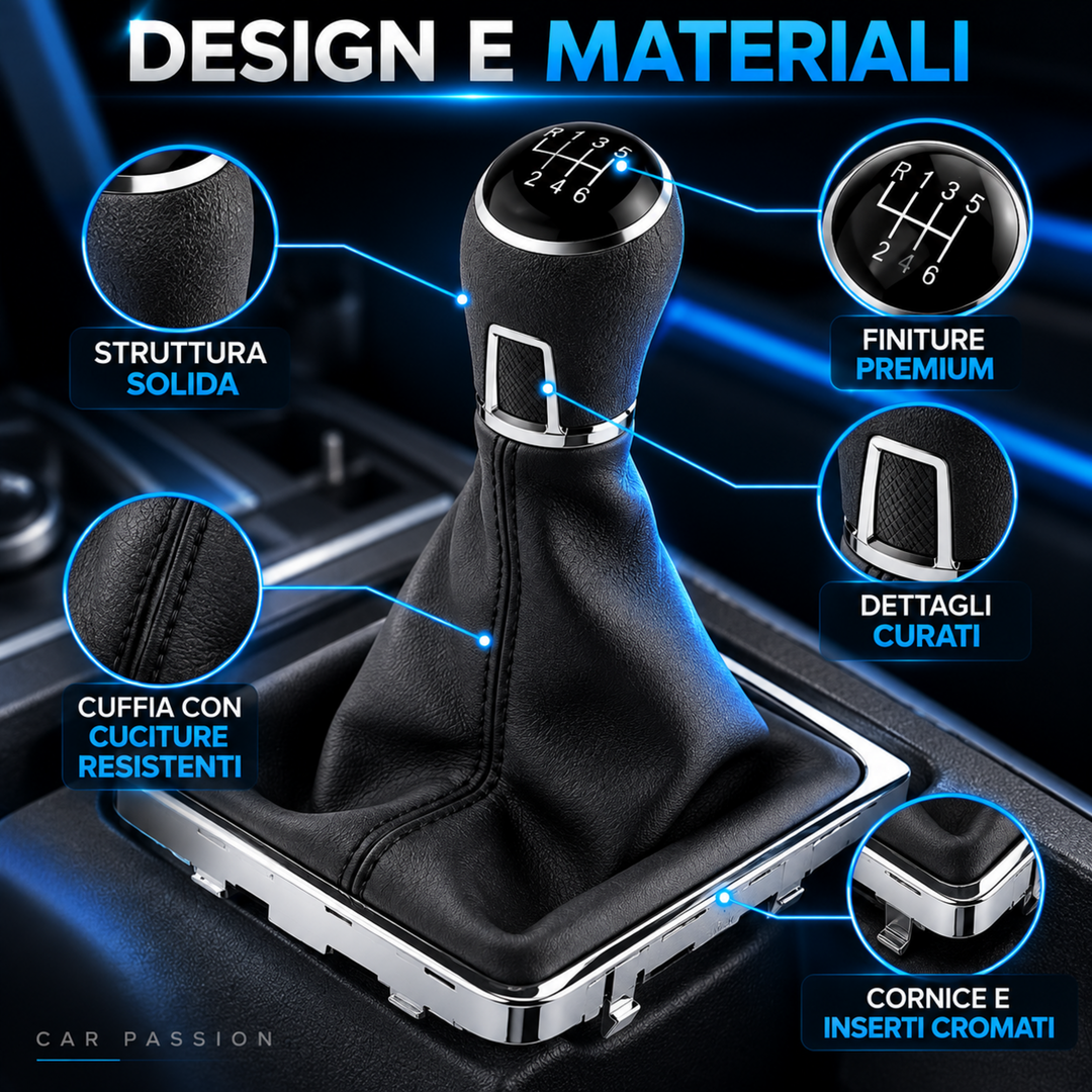 Cuffia Leva Cambio + Pomello per Volkswagen Passat B7 6 Marce con Ghiera Cromata