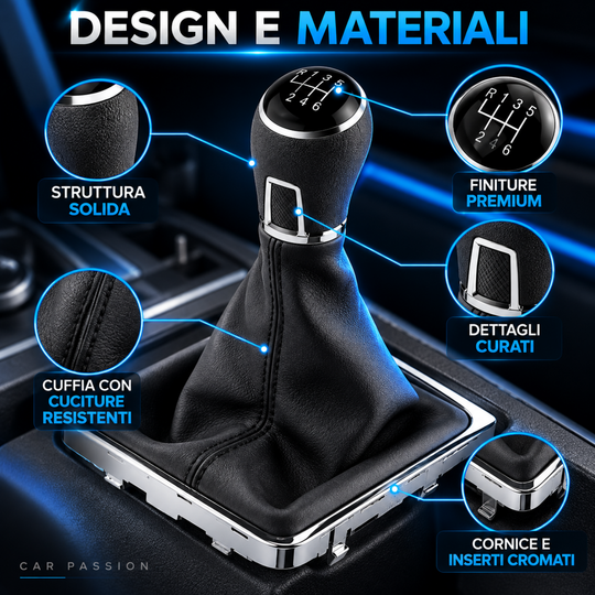 Cuffia Leva Cambio + Pomello per Volkswagen Passat B7 6 Marce con Ghiera Cromata