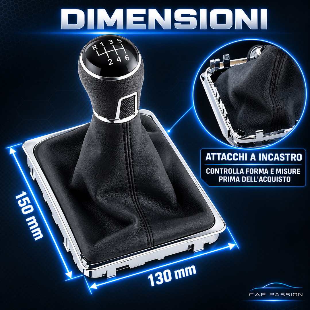 Cuffia Leva Cambio + Pomello per Volkswagen Passat B7 6 Marce con Ghiera Cromata