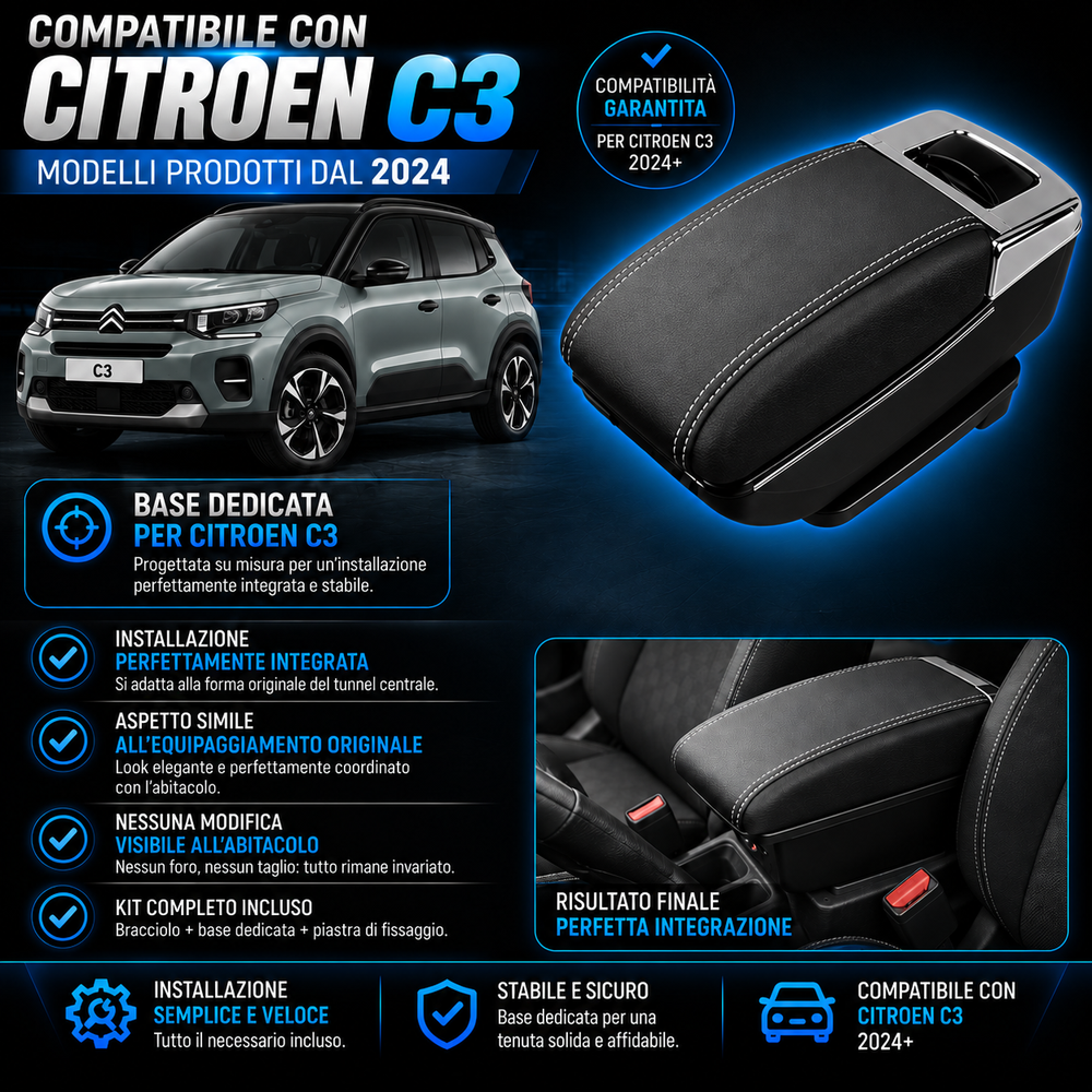 Bracciolo per Citroen C3 2025 Poggiabraccio in ecopelle nero