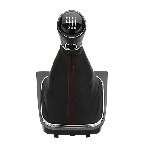 Cuffia Leva Cambio Manuale + Pomello + Ghiera Telaio Cromato Compatibile con Volkswagen Golf 5 6 MK5 MK6 Scirocco III 2008-2014 Cuciture Rosse 6 Marce Set Completo Ricambio Auto