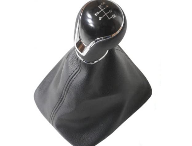 Cuffia Leva Cambio Manuale + Pomello + Ghiera Cromata Telaio Compatibile con Seat Leon III 2012-2017 Cuciture Nere Set Completo Ricambio Auto (5 Marce)