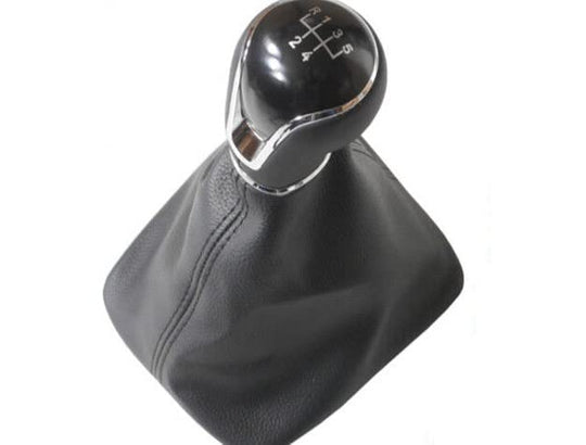 Cuffia Leva Cambio Manuale + Pomello + Ghiera Cromata Telaio Compatibile con Seat Leon III 2012-2017 Cuciture Nere Set Completo Ricambio Auto (5 Marce)