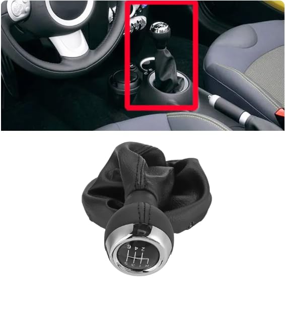 Cuffia Leva Cambio Manuale + Pomello + Ghiera Telaio Compatibile con Mini Cooper R55 R56 R57 R58 R59 R60 R61 Cuciture Nere 6 Marce Set Completo Ricambio Auto