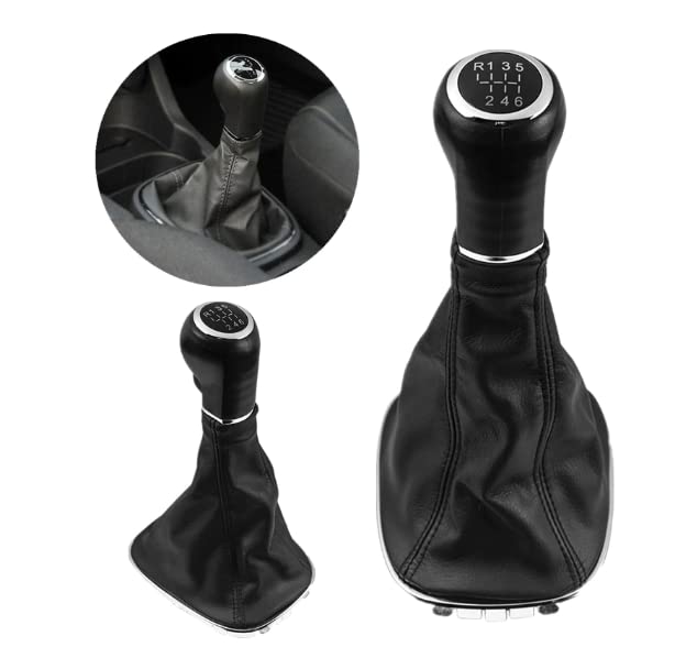 Cuffia Leva Cambio Manuale + Pomello + Ghiera Telaio Cromato Cuciture NereCompatibile con Opel Corsa D 6 Marce Set Completo Ricambio Auto