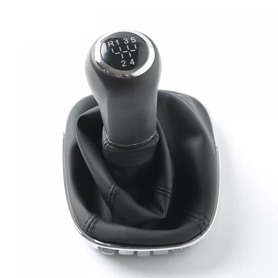Cuffia Leva Cambio Manuale + Pomello + Ghiera Telaio Cromato Compatibile con Opel Corsa D Cuciture Nere 5 Marce Set Completo Ricambio Auto
