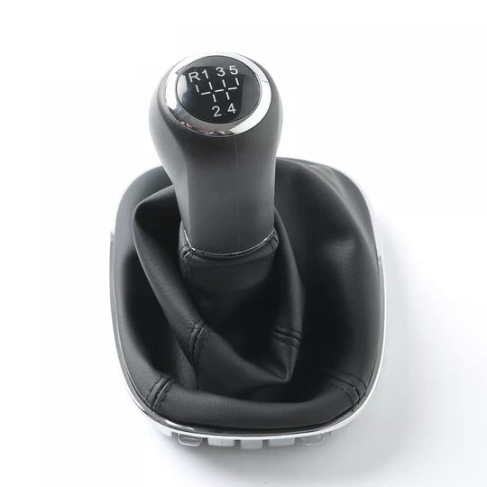 Cuffia Leva Cambio Manuale + Pomello + Ghiera Telaio Cromato Compatibile con Opel Corsa D Cuciture Nere 5 Marce Set Completo Ricambio Auto
