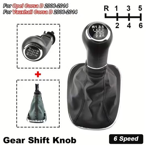 Cuffia Leva Cambio Manuale + Pomello + Ghiera Telaio Cromato Cuciture NereCompatibile con Opel Corsa D 6 Marce Set Completo Ricambio Auto