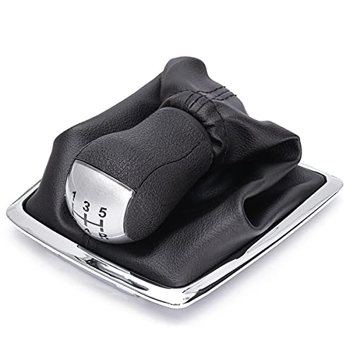 Cuffia Leva Cambio Manuale + Pomello + Ghiera Telaio Cromato Compatibile con Focus Fiesta MK6 Mondeo MK3 C-Max S-Max Galaxy Transit Cuciture Nere 5 Marce Set Completo Ricambio Auto Argento