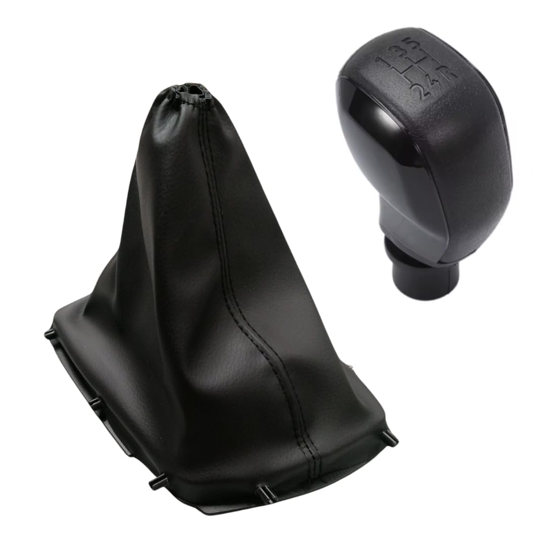 Cuffia Leva Cambio Manuale + Pomello + Ghiera Interna Compatibile con Peugoet 308 2013-2021 Cuciture Nere 5 Marce Set Completo Ricambio Auto (Pomello Nero)