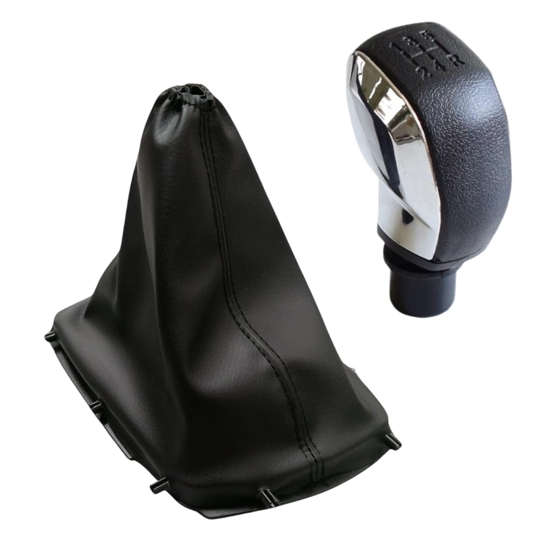 Cuffia Leva Cambio Manuale + Pomello + Ghiera Interna Compatibile con Peugoet 308 II serie 2013-2021 Cuciture Nere 5 Marce Set Completo Ricambio Auto (Pomello Cromato)