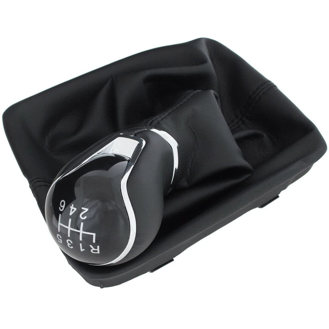 Cuffia Leva Cambio Manuale + Pomello + Ghiera Cromata Telaio Compatibile con Seat Leon III 2012-2017 Cuciture Nere Set Completo Ricambio Auto (6 Marce)