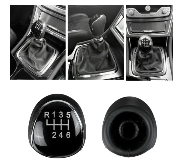 Cuffia Leva Cambio Manuale + Pomello + Ghiera Telaio Cromato Compatibile con Fiesta MK7 Focus MK2 MK3 B-Max S-Max Kuga Galaxy MK3 Cuciture Nere 6 Marce Set Completo Ricambio Auto