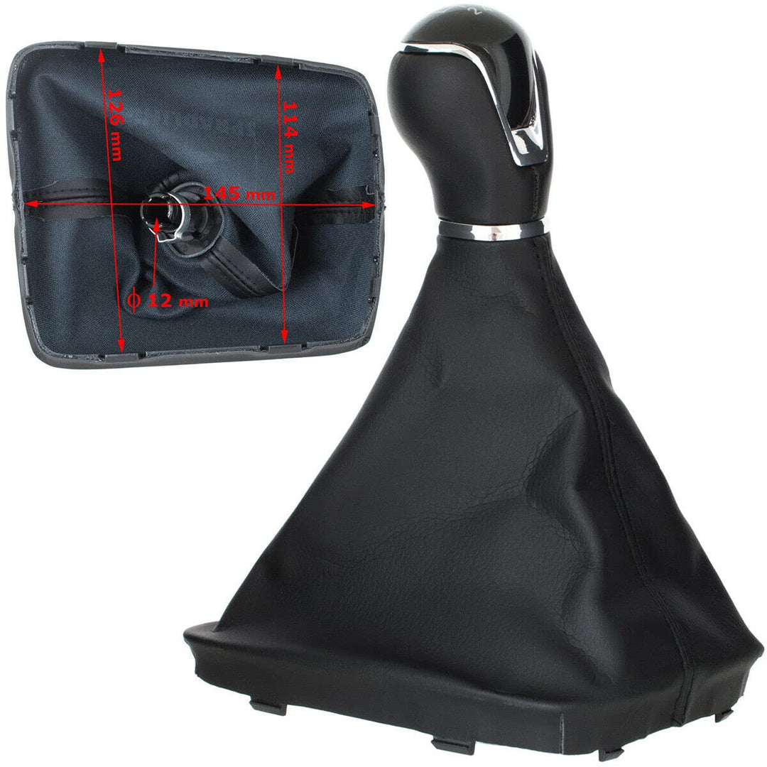 Cuffia Leva Cambio Manuale + Pomello + Ghiera Cromata Telaio Compatibile con Seat Leon III 2012-2017 Cuciture Nere Set Completo Ricambio Auto (5 Marce)