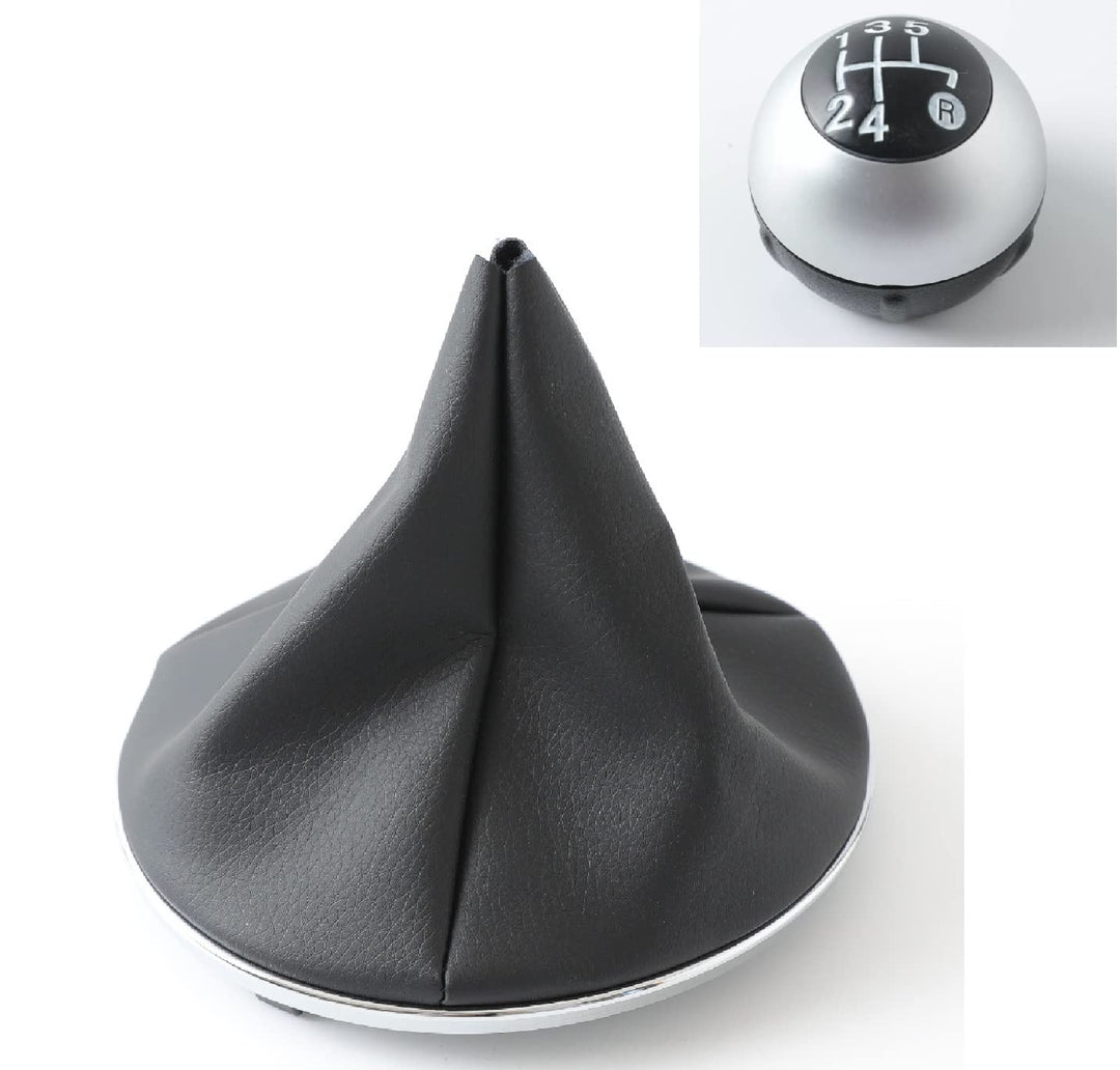 Cuffia Leva Cambio Manuale + Pomello + Ghiera Cromata Interna e Esterna Telaio Compatibile con Fiat 500 2007> Cuciture Nere 5 Marce Set Completo Ricambio Auto (Cuffia + Pomello Satinato)