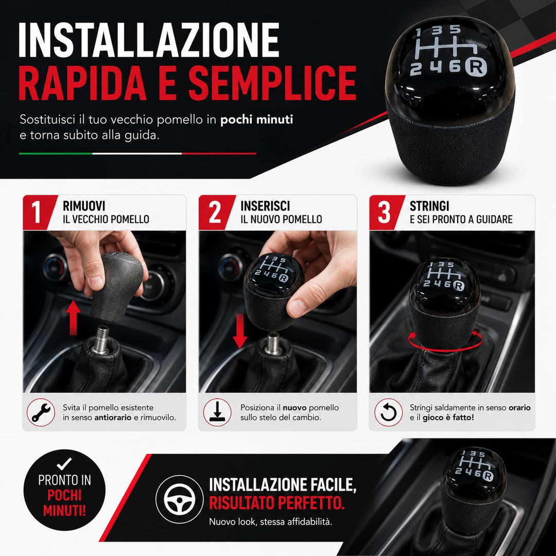 Pomello Cambio Completo Compatibile con Fiat Panda (312) III serie dal 2012 in poi 6 Marce Ricambio Impugnatura Asta del cambio Lente