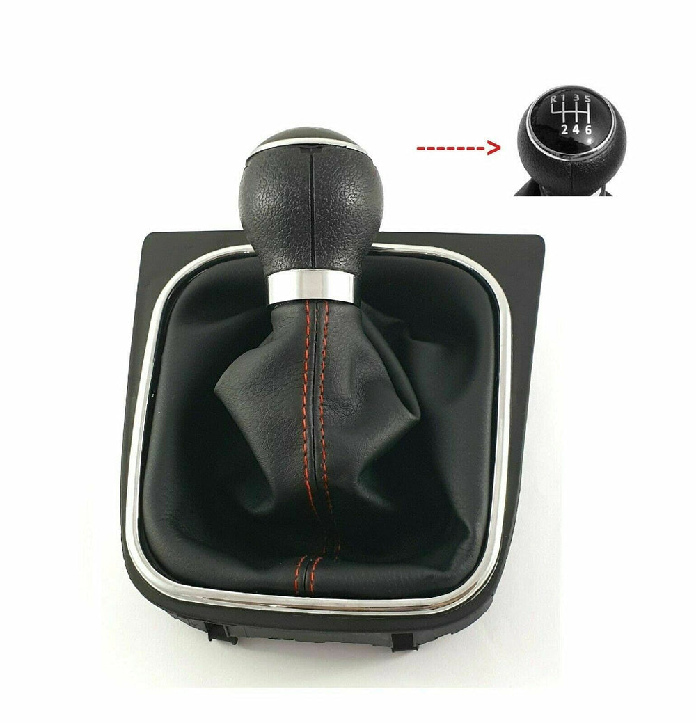 Cuffia Leva Cambio Manuale + Pomello + Ghiera Telaio Cromato Compatibile con Volkswagen Golf 5 6 MK5 MK6 Scirocco III 2008-2014 Cuciture Rosse 6 Marce Set Completo Ricambio Auto