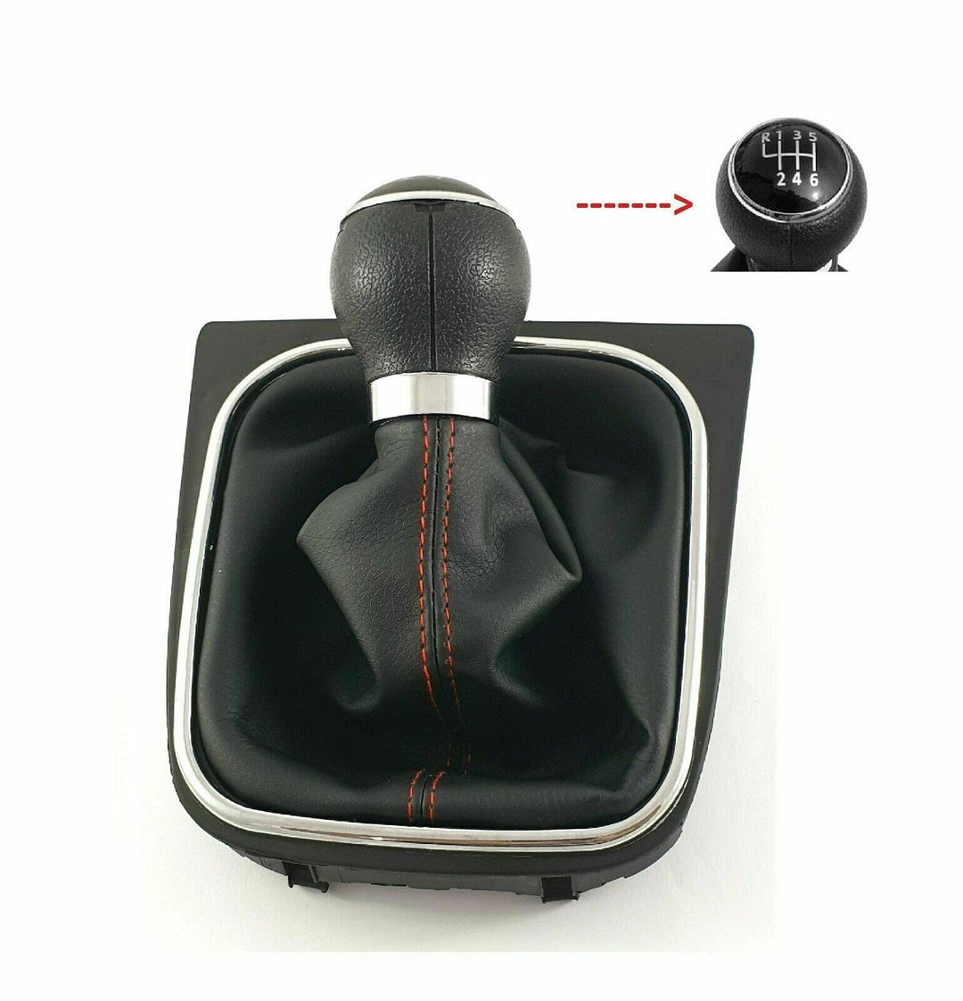 Cuffia Leva Cambio Manuale + Pomello + Ghiera Telaio Cromato Compatibile con Volkswagen Golf 5 6 MK5 MK6 Scirocco III 2008-2014 Cuciture Rosse 6 Marce Set Completo Ricambio Auto