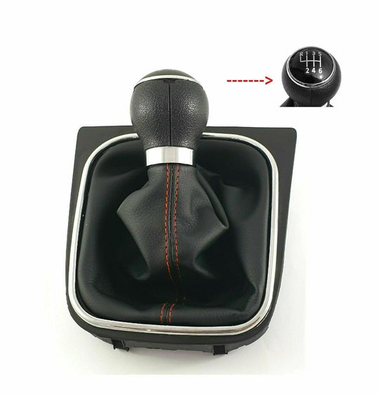Cuffia Leva Cambio Manuale + Pomello + Ghiera Telaio Cromato Compatibile con Volkswagen Golf 5 6 MK5 MK6 Scirocco III 2008-2014 Cuciture Rosse 6 Marce Set Completo Ricambio Auto