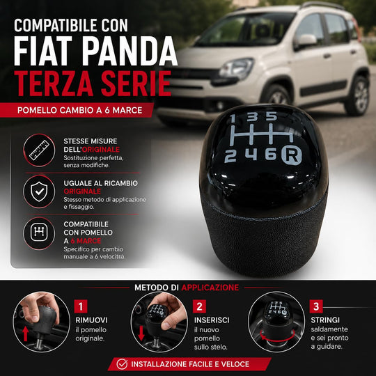 Pomello Cambio Completo Compatibile con Fiat Panda (312) III serie dal 2012 in poi 6 Marce Ricambio Impugnatura Asta del cambio Lente