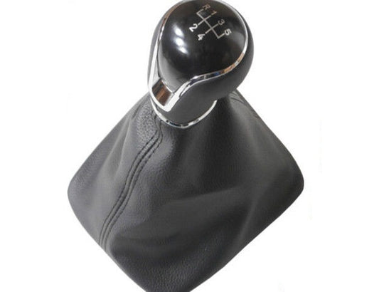 Cuffia Leva Cambio Manuale + Pomello + Ghiera Cromata Telaio Compatibile con Seat Leon III 2012-2017 Cuciture Nere Set Completo Ricambio Auto 5 marce