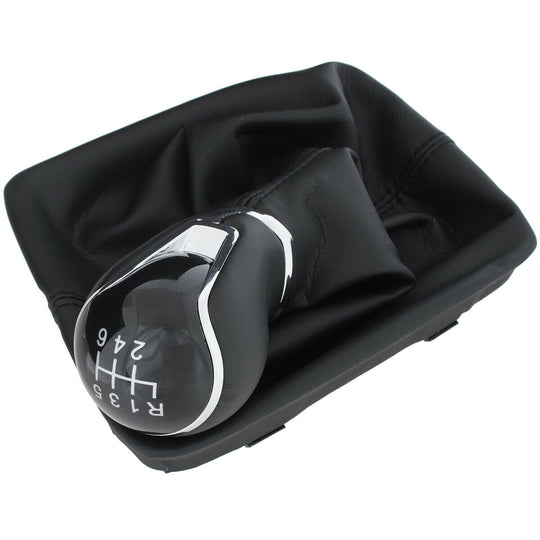 Cuffia Leva Cambio Manuale + Pomello + Ghiera Cromata Telaio Compatibile con Seat Leon III 2012-2017 Cuciture Nere Set Completo Ricambio Auto